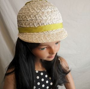 Vintage Girl's Easter Summer Hat Cap White with Chartreuse Trim